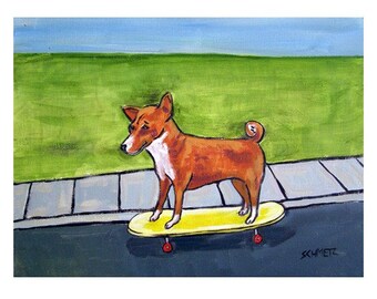 Basenji,basenji art,basenji print, 13x19 print,moderndog art, modern dog print, gift for skateboarder, skateboarding dog dog art