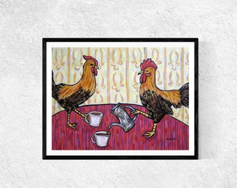 chicken at the cafe coffee shop art print on ready to hang stretched canvas - multiple sizes avbailable
