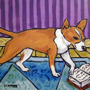 Portugiese Podengo liest ein Buch Hund Kunstdruck MODERN abstrakte Pop-Volkskunst