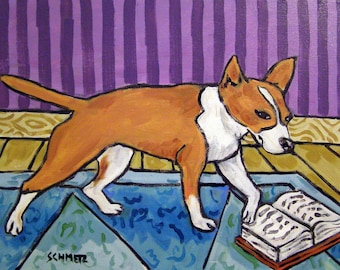 Portuguese Podengo Reading a Book Dog Art Print  MODERN abstract pop folk art