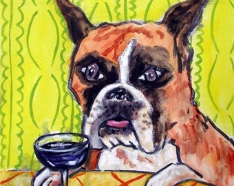 Boxer at the Wine Bar Dog Art coaster tile