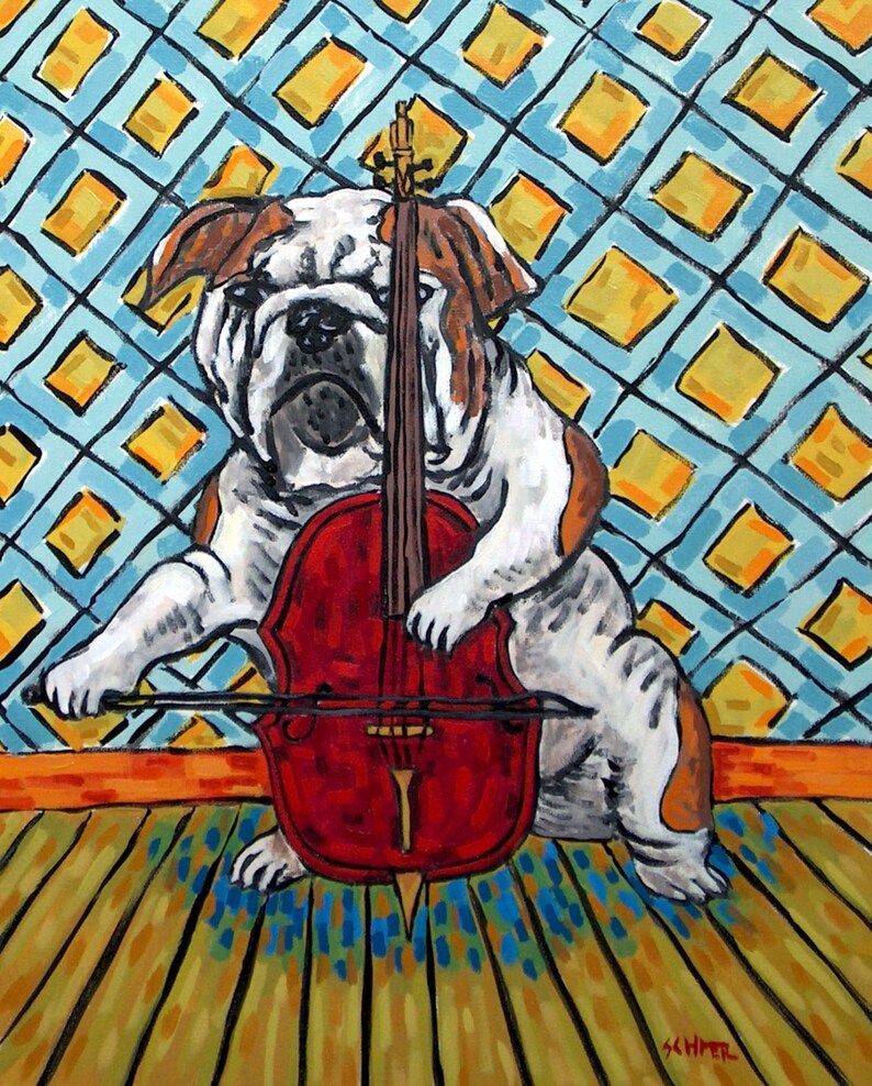 bulldog surfing dog 11x14 artist art PRINT impressionism animals dog new