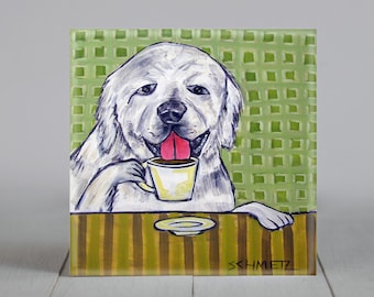 Great Pyrenees at the Cafe Dog Art coaster tile -  multiple sizes