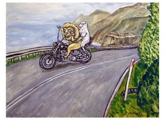 The Lion and the Lion Driving a Motorcycle Art Print