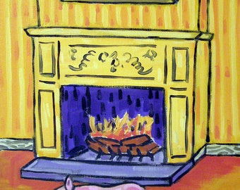 Pig By the Fireplace Art Print  poster - canvas or paper print - multiple sizes