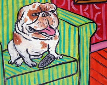 bulldog - dog art - coaster tile - watching tv - animal lover gift - home decor