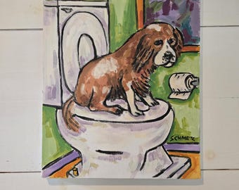 Cavalier king Charles spaniel in the bathroom 11x14 inch origonal oil painting - dog lover gift - bathroom art