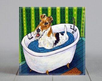 Fox Terrier Taking a Bath Dog Art coaster tile - multiple sizes available