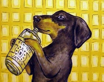 dachshund tile - dachshund art - Dachshund Drinking Bottled Water Dog art coaster tile - dachshund gifts