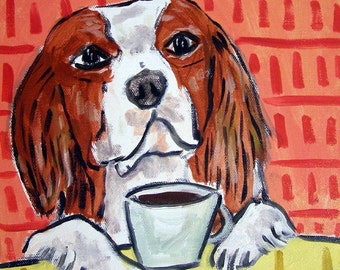Cavalier King Charles Spaniel at the Coffee - dog art -t ile coaster - animal lover gift