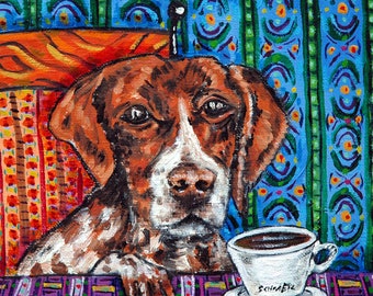 Pointer Dog at Coffee Shop Coaster Tile - Dog Art Gift - Multiple Sizes Available