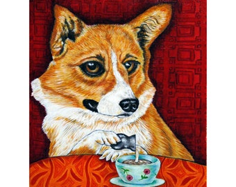 Corgi at the Coffee Shop Dog Art Print
