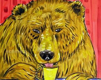 brown bear at the coffee shop animal art tile coaster - multiple sizes