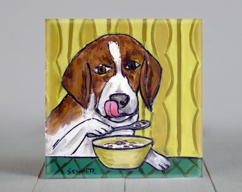 Beagle eating cereal dog coaster tile gift - multiple sizes available