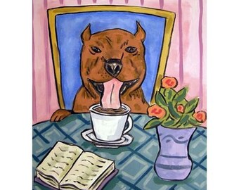 Pit Bull coffee dog art print from original impressionistic oil painting by jay Schmetz