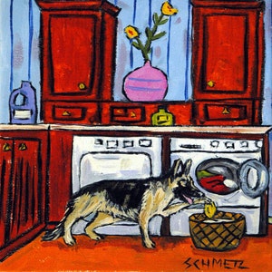 german shepherd doing laundry dog art tile coaster gift - multiple sizes