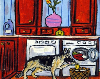 german shepherd doing laundry dog art tile coaster gift - multiple sizes