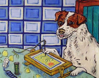 Jack Russell Terrier Doing Needlepoint Dog art tile coaster