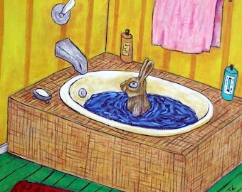 bunny art - Bunny Taking a Bath Animal Rabbit art tile coaster - bunny gift