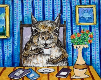 squirrel at the coffee shop animal art print - 13x19 - matte or glossy