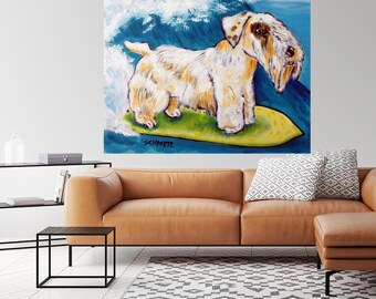 Sealyham Terrier Surfing Dog Art Print - 13x19 - matte or glossy