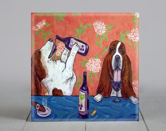Basset Hound at the wine bar Dog Art Tile Coaster Gift