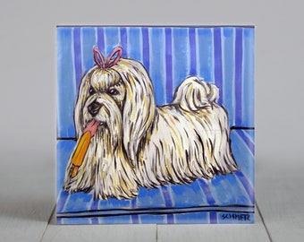 havanese artwork - dog lover gift - dog coaster - modern - coaster art tile