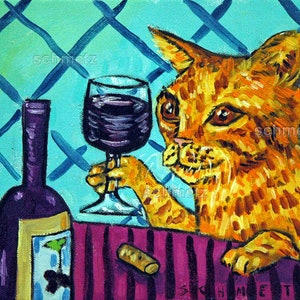 tabby cat print, orange cat art, canvas wall art, wine art print,cat decor, wine art, cat print, giclee cat, cat gift, wine lover, colorful