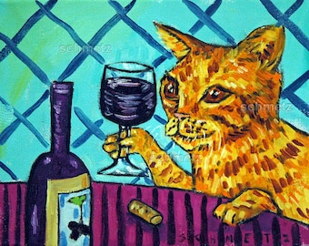 tabby cat print, orange cat art, canvas wall art, wine art print,cat decor, wine art, cat print, giclee cat, cat gift, wine lover, colorful