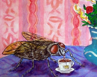 House Fly at the Coffee Shop Insect Art coaster tile gift JSCHMETZ modern FOLK  POP art