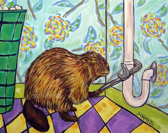 beaver plumber animal art print - stretched canvas or paper print - multiple sizes available
