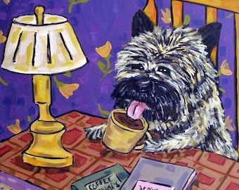 Cairn Terrier at the Coffee Shop Dog Art coaster tile
