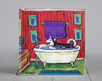 husky taking a bath dog art tile coaster gift