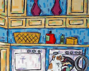 bulldog art print - laundry room decor - stretched canvas or paper print