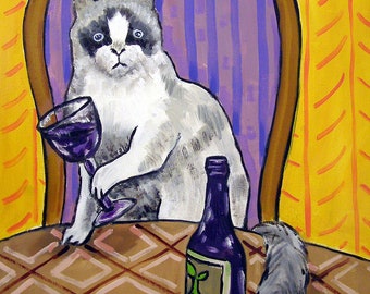 rag doll cat, cat art, wine print, archival giclee, animal decor, wine canvas art, wall art cat, cat painting, modern cat art, canvas cat