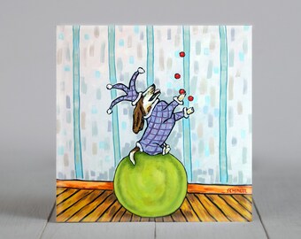 jester artwork - basset hound decor - juggling - square coaster - decorative tile - modern folk - home accents - dog art