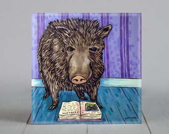 Javelina Reading Animal Art coaster tile - modern folk - animal decor - librarian artwork- square coaster - modern folk - decorative tile