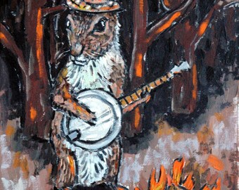 squirrel playing banjo animal art print gift 13x19 - glossy or matte