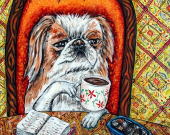 pekingese at the coffee shop - dog art - tile coaster - animal decor - gift