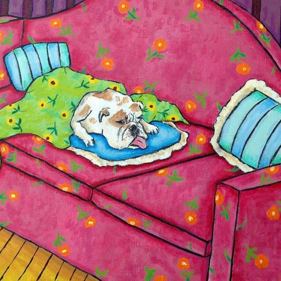 bulldog taking a nap dog art tile coaster gift