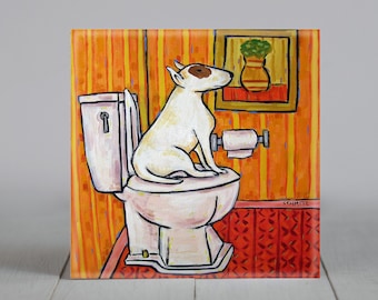 Bull terrier dog in the bathroom dog art tile coaster gift decor - multiple sizes