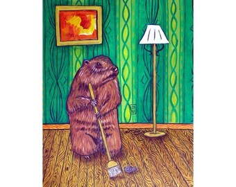 Woodchuck Sweeping the Floor Animal 13 x 19 Art Print - glossy or matte