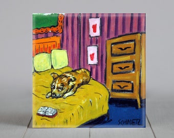 chihuahua sleeping - dog art - tile coaster - animal lover gift