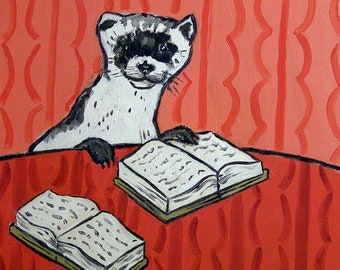 ferret reading animal art tile coaster gift - multiple sizes