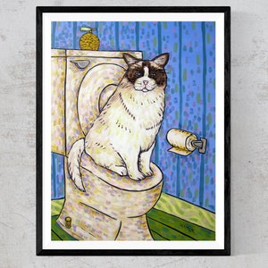 Fluffy cat art- bathroom decor - stretched canvas or paper print - home office decor funny art print