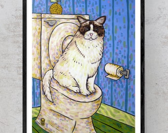 Fluffy cat art- bathroom decor - stretched canvas or paper print - home office decor funny art print