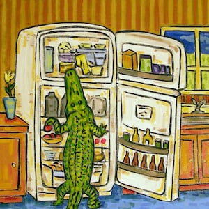 Alligator gator raiding the fridge art print on ready to hang gallery wrapped canvas