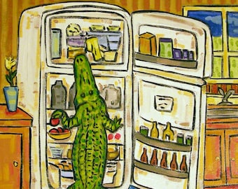 Alligator gator raiding the fridge art print on ready to hang gallery wrapped canvas