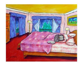 Owl Sleeping in Bed Bird Art Print modern folk   gift - 0wl art - owl print 13x19