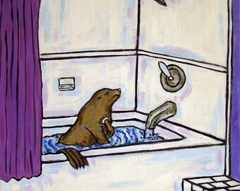 Sea lion taking a bath bathroom decor - ceramic coaster tile - multiple sizes